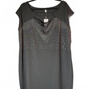 Nwt Ladies Shift Style Black Dress Stretch Knit Short Sleeve V-Shaped Rhinestone